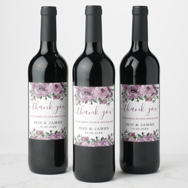 Elegant Mauve Plum Purple Floral Wedding  Wine Label (Bottles)