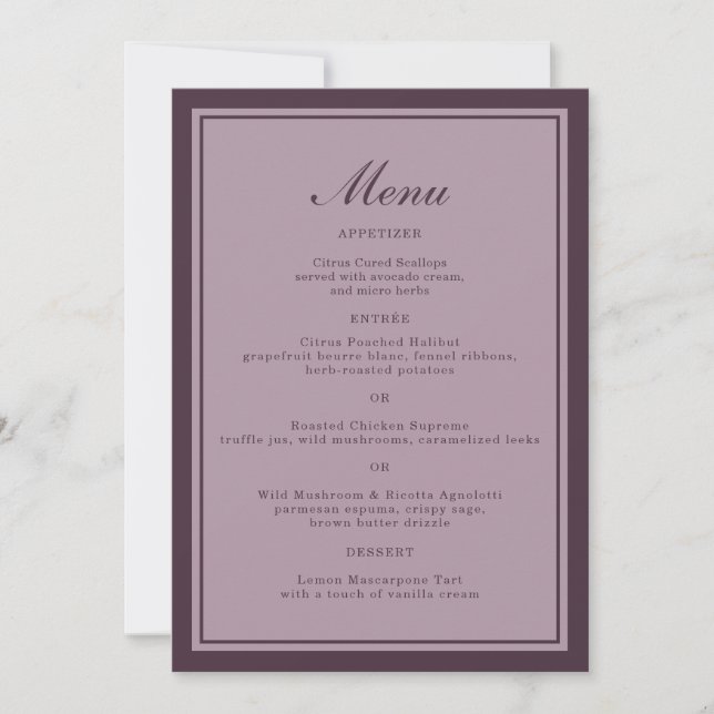 Elegant Mauve Plum Wedding Dinner Menu Card (Front)