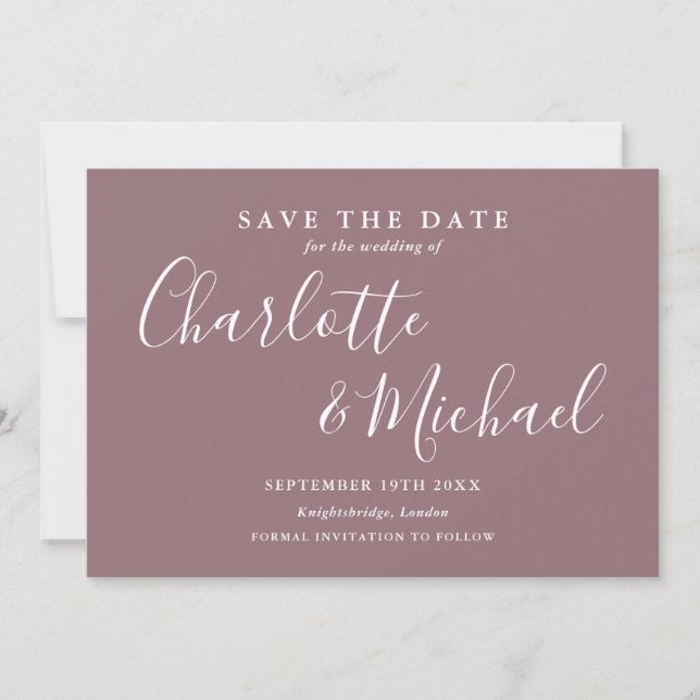 Elegant Mauve Signature Script Photo Save The Date (Front)