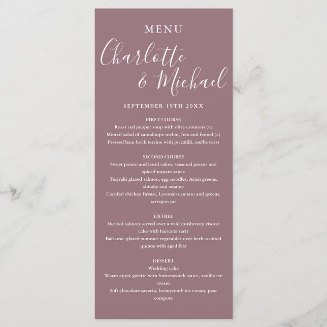 Elegant Mauve Signature Script Wedding Menu (Front)