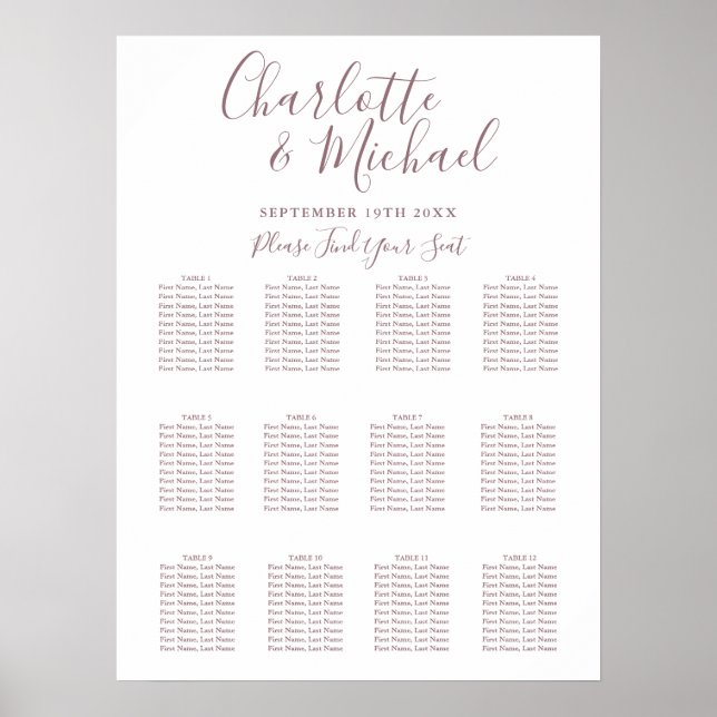Elegant Mauve Signature Wedding Seating Chart (Front)