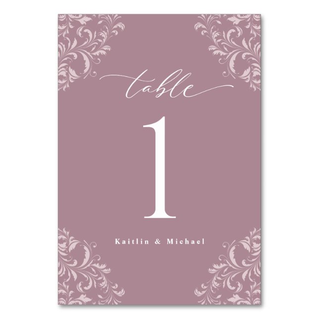 Elegant Mauve Vintage Classic Small Wedding Table Number (Front)
