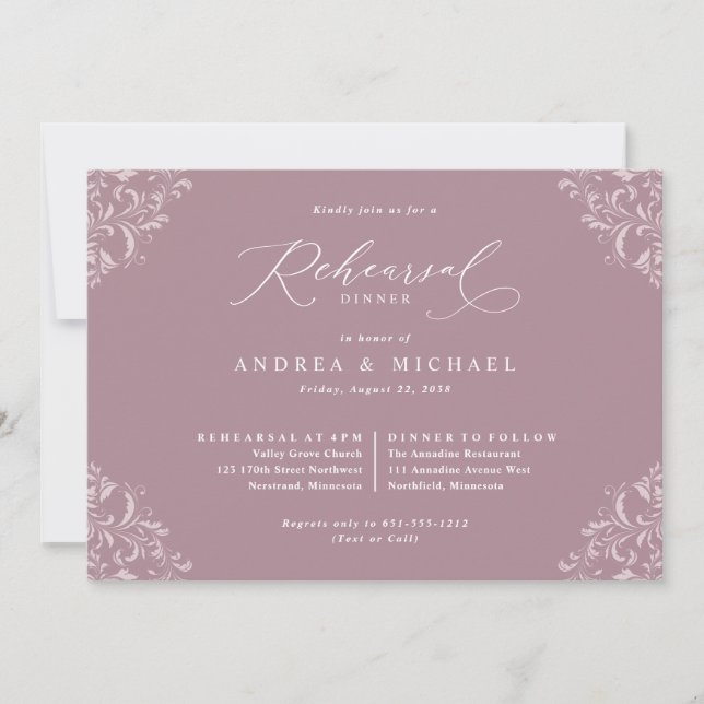 Elegant Mauve Wedding Rehearsal Dinner Invitation (Front)