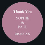 Elegant Mauve Wedding Thank You Sticker<br><div class="desc">This elegant Thank You sticker is easy to personalise with the names of the couple and the date of the wedding, using the online personalisation template before ordering. The "Thank You" wording for the heading is also easy to personalise online before ordering, in case you wish to change it to...</div>