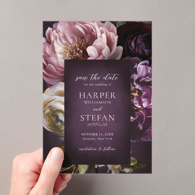 Elegant Maximalist Floral Wedding Save the Date Acrylic Invitations (Insitu (Handheld))