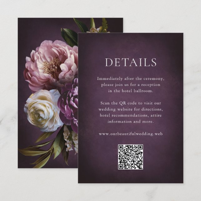 Elegant Maximalist Purple Floral QR Code Wedding Enclosure Card (Front/Back)