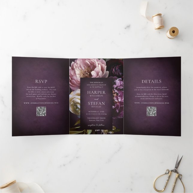 Elegant Maximalist Purple Floral QR Code Wedding Tri-Fold Invitation (Inside)