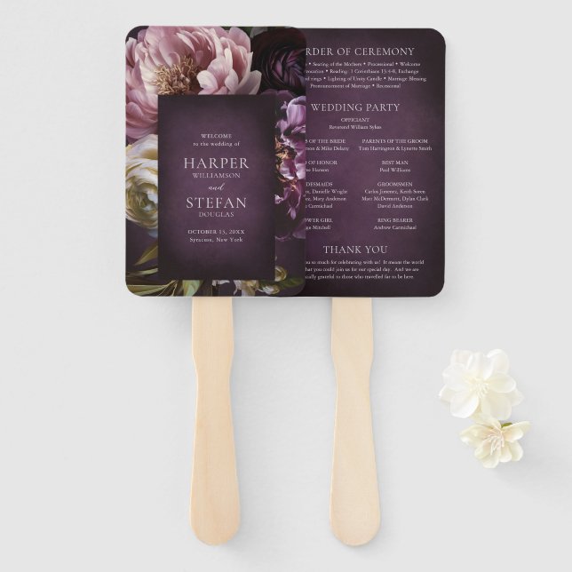 Elegant Maximalist Purple Floral Wedding Program Hand Fan (Front and Back)