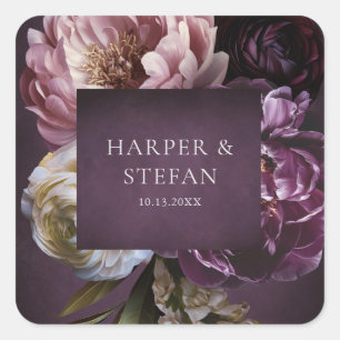 Elegant Maximalist Purple Floral Wedding Square Sticker