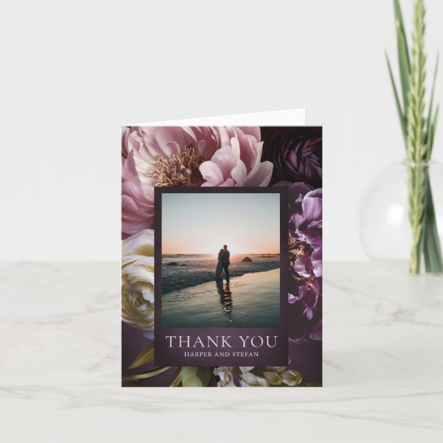 Elegant Maximalist Purple Floral Wedding Thank You Card (Front)