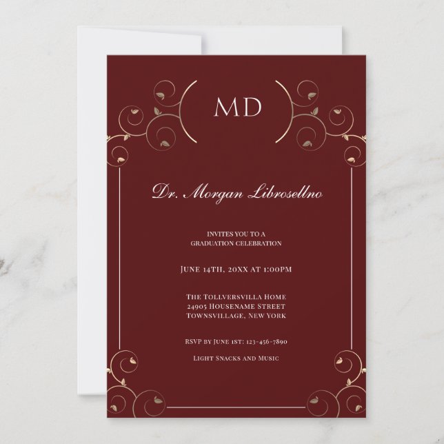 Elegant MD Gold Burgundy Graduation Invitation (Front)
