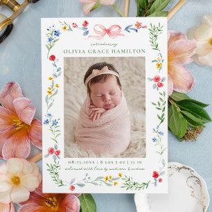 Elegant Meadow Blooms Pink Bow Photo Birth Announcement