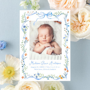 Elegant Meadow Floral Blue Bow Photo Birth Announcement