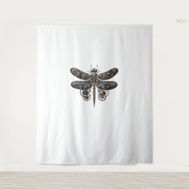 Elegant Mechanical Dragonfly in Steampunk Splendou Tapestry (Front)