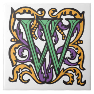 Elegant Mediaeval Green Letter W Monogram Tile