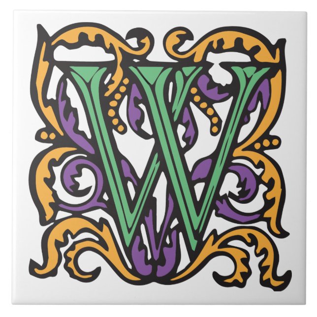 Elegant Mediaeval Green Letter W Monogram Tile (Front)