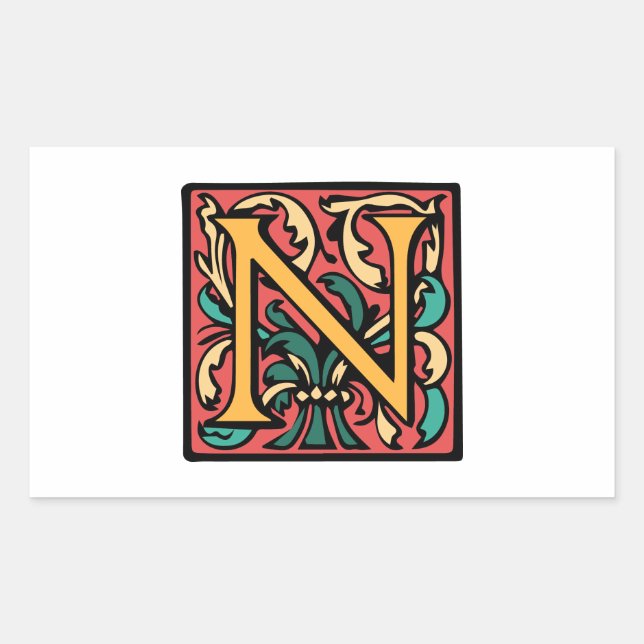 Elegant Mediaeval Initial N Antique Monogram Rectangular Sticker (Front)