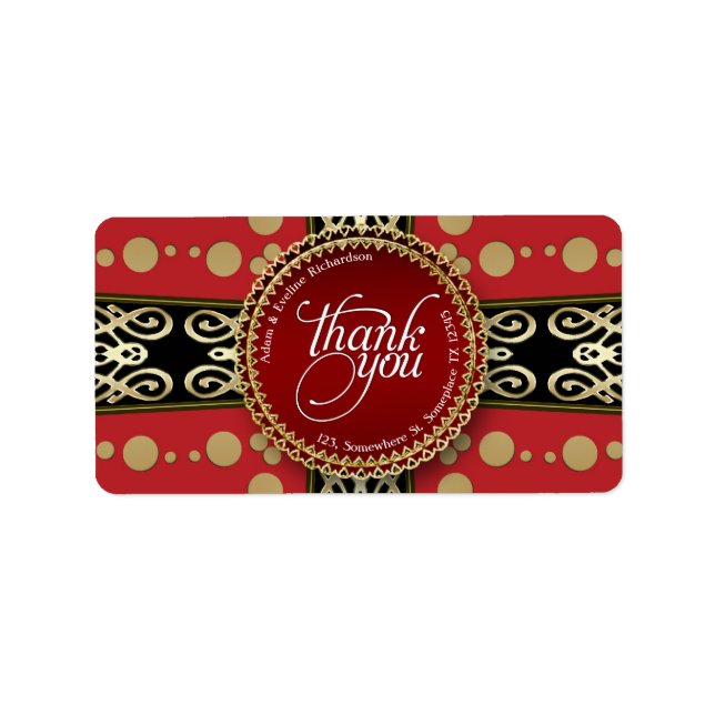 Elegant Mediaeval Red Gold & Black Thank You Label (Front)