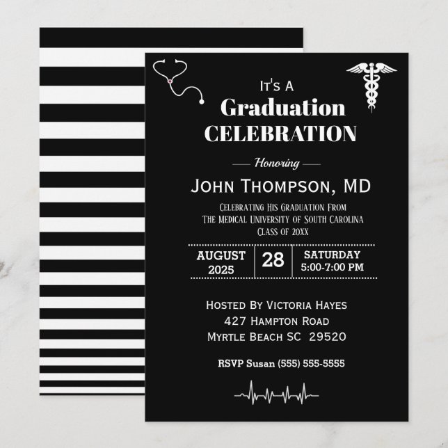 Elegant Medical Graduation Party Black and White  Invitation (Front/Back)