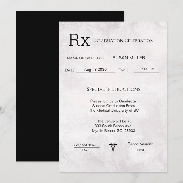 Elegant Medical Prescription Pad Graduation   Invitation (Front/Back)