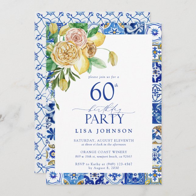 Elegant Mediterranean 60th Birthday Party Lemon  Invitation (Front/Back)