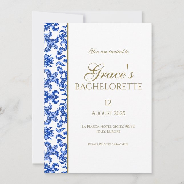 Elegant Mediterranean Bachelorette Invitation (Front)