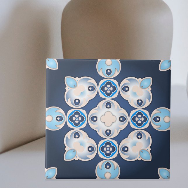 Elegant Mediterranean Blue Beige Medallion  Tile (Creator Uploaded)
