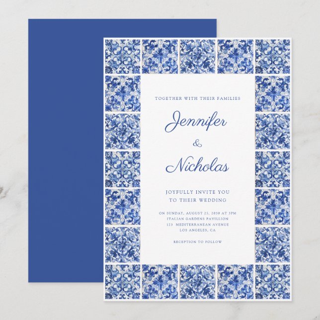 Elegant Mediterranean Blue Tiles Wedding Invitation (Front/Back)