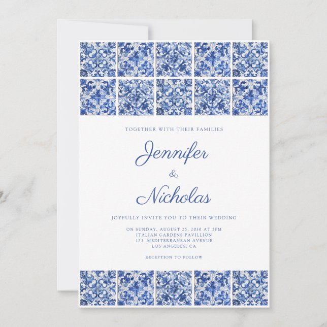 Elegant Mediterranean Blue Tiles Wedding Invitation (Front)