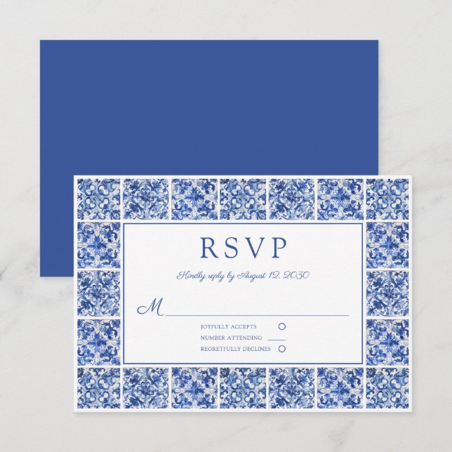 Elegant Mediterranean Blue Tiles Wedding RSVP Card (Front/Back)