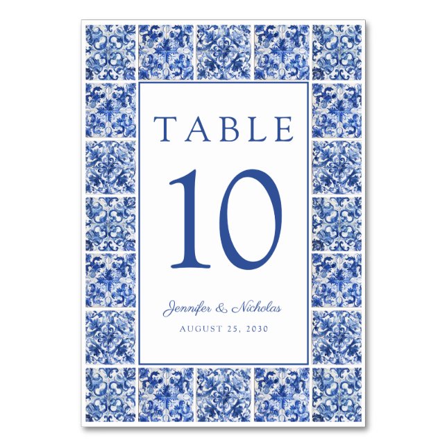 Elegant Mediterranean Blue Tiles Wedding Table Number (Front)