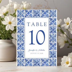 Elegant Mediterranean Blue Tiles Wedding Table Number