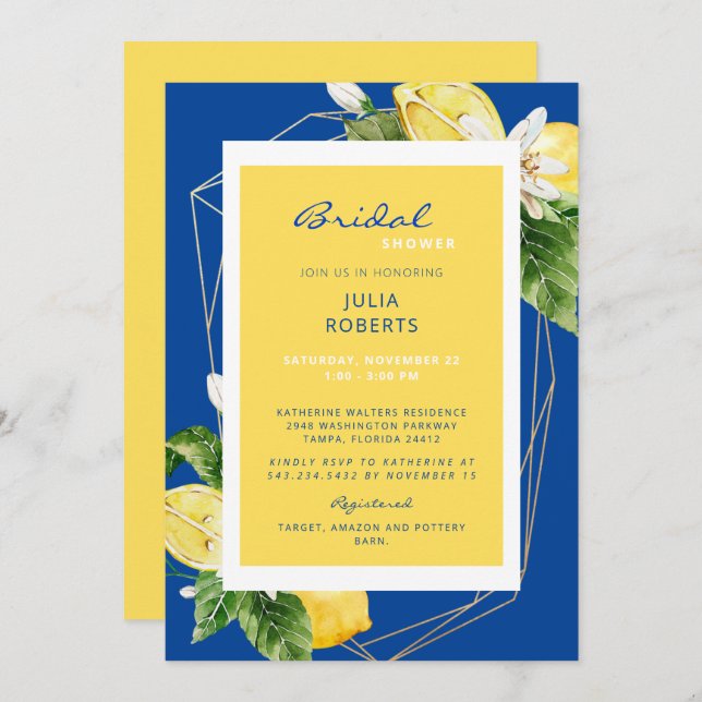 Elegant Mediterranean Blue & Yellow Bridal Shower Invitation (Front/Back)