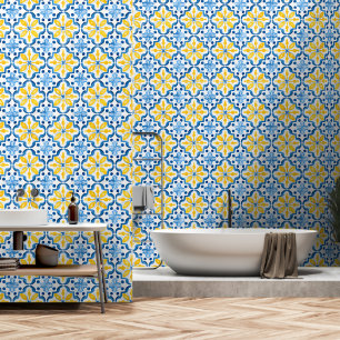 Elegant Mediterranean Blue Yellow Tile Pattern Wallpaper