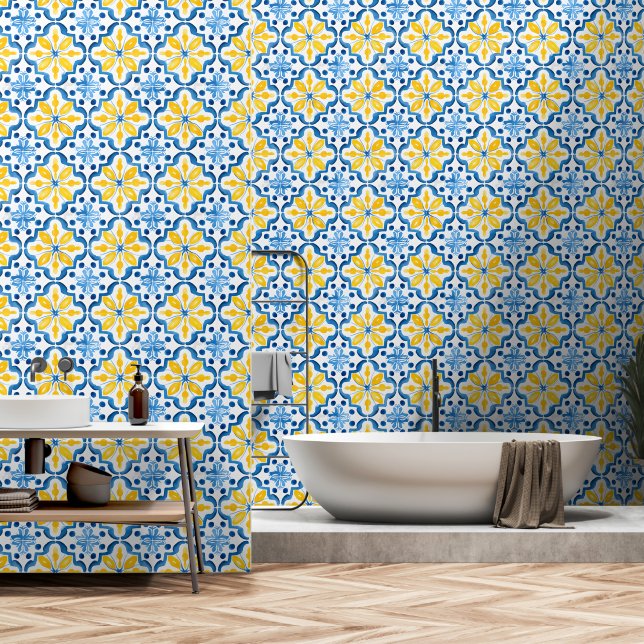 Elegant Mediterranean Blue Yellow Tile Pattern  Wallpaper (Bathroom)