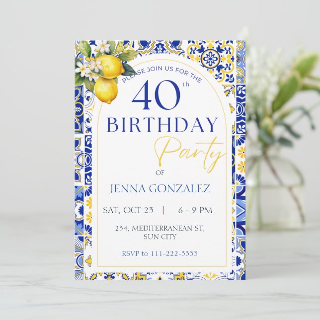 Elegant Mediterranean Lemon 40th Birthday Invitation (Standing Front)