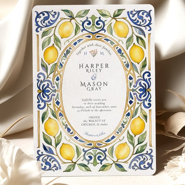 Elegant Mediterranean Lemon & Blue Tile Wedding Invitation (Creator Uploaded)