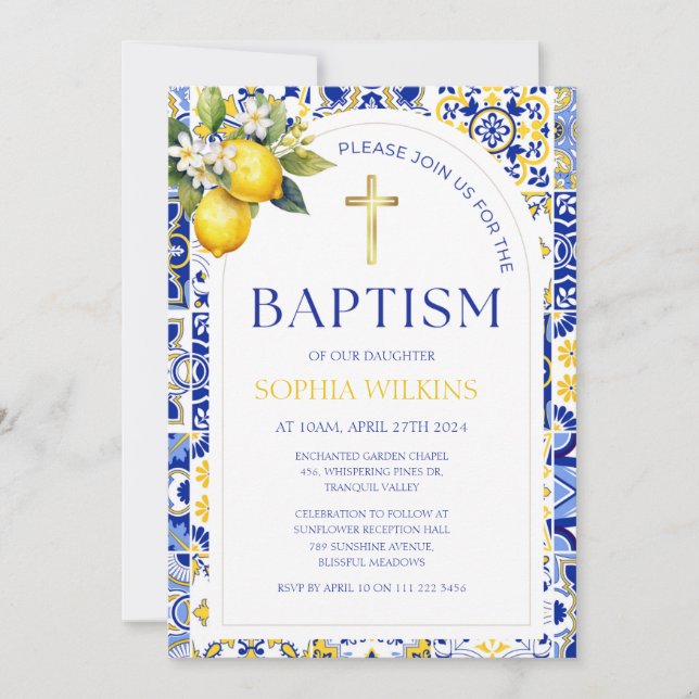 Elegant Mediterranean Lemon Blue Tiles Baptism Invitation (Front)