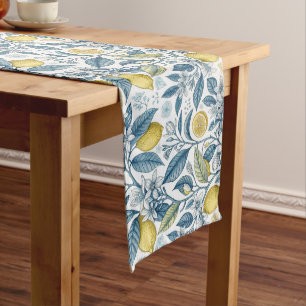 Elegant Mediterranean Lemon Botanical Navy Long Table Runner