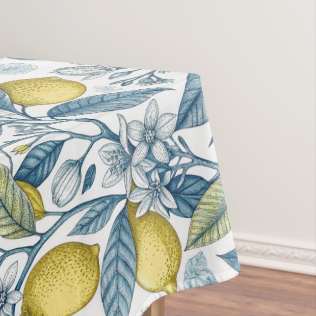 Elegant Mediterranean Lemon Botanical Navy Tablecloth (In Situ)