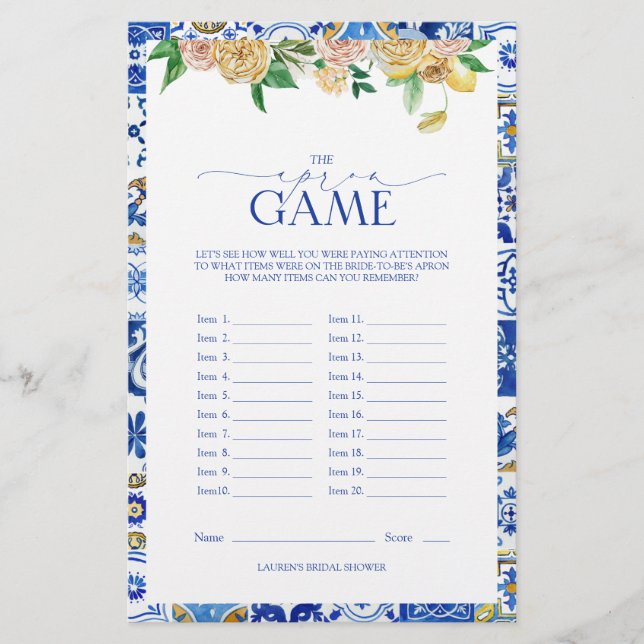 Elegant Mediterranean Lemon Bridal Shower Game (Front)