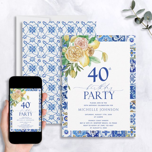 Elegant Mediterranean Lemon Floral 40th Birthday  Invitation (Creator Uploaded)
