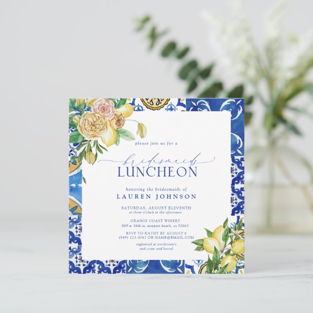 Elegant Mediterranean Lemon Floral Bridal Luncheon Invitation (Standing Front)