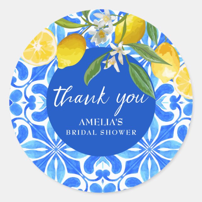 Elegant Mediterranean Lemon Floral Bridal Shower  Classic Round Sticker (Front)
