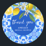 Elegant Mediterranean Lemon Floral Bridal Shower  Classic Round Sticker<br><div class="desc">This watercolor lemon she found her main squeeze  theme Mediterranean bridal shower paper plates features Mediterranean tiles pattern in blue and white colour.The dusty blue, yellow, navy blue and white colour is a perfect colour palette for classy and formal bridal shower party decor.</div>