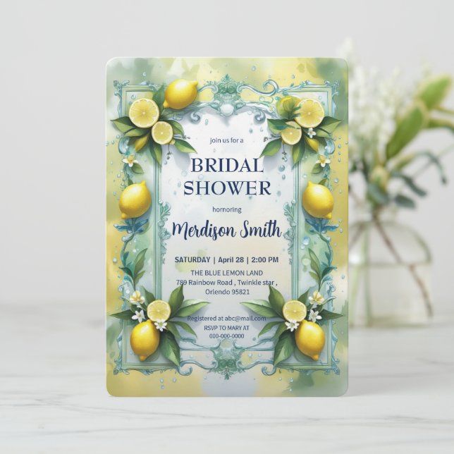 Elegant Mediterranean Lemon Floral Bridal Shower   Invitation (Standing Front)