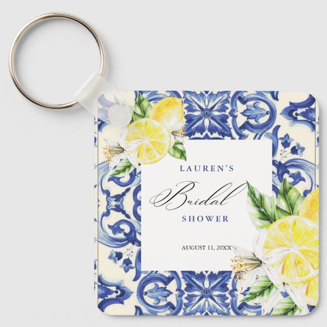 Elegant Mediterranean Lemon Floral Bridal Shower Key Ring (Front)