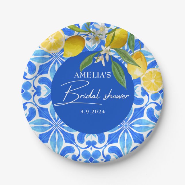 Elegant Mediterranean Lemon Floral Bridal Shower  Paper Plate (Front)