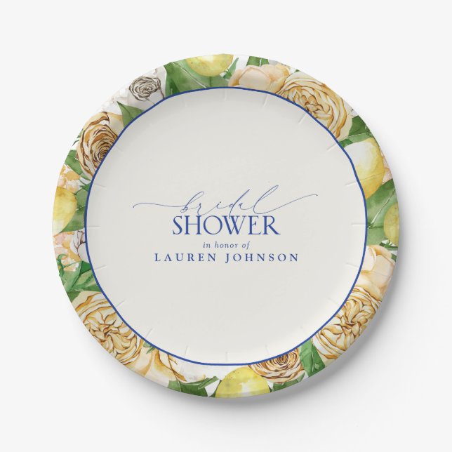 Elegant Mediterranean Lemon Floral Bridal Shower Paper Plate (Front)