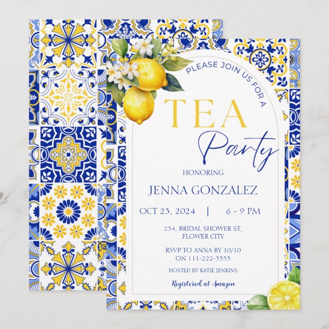 Elegant Mediterranean Lemon Tiles Bridal Tea Party Invitation (Front/Back)
